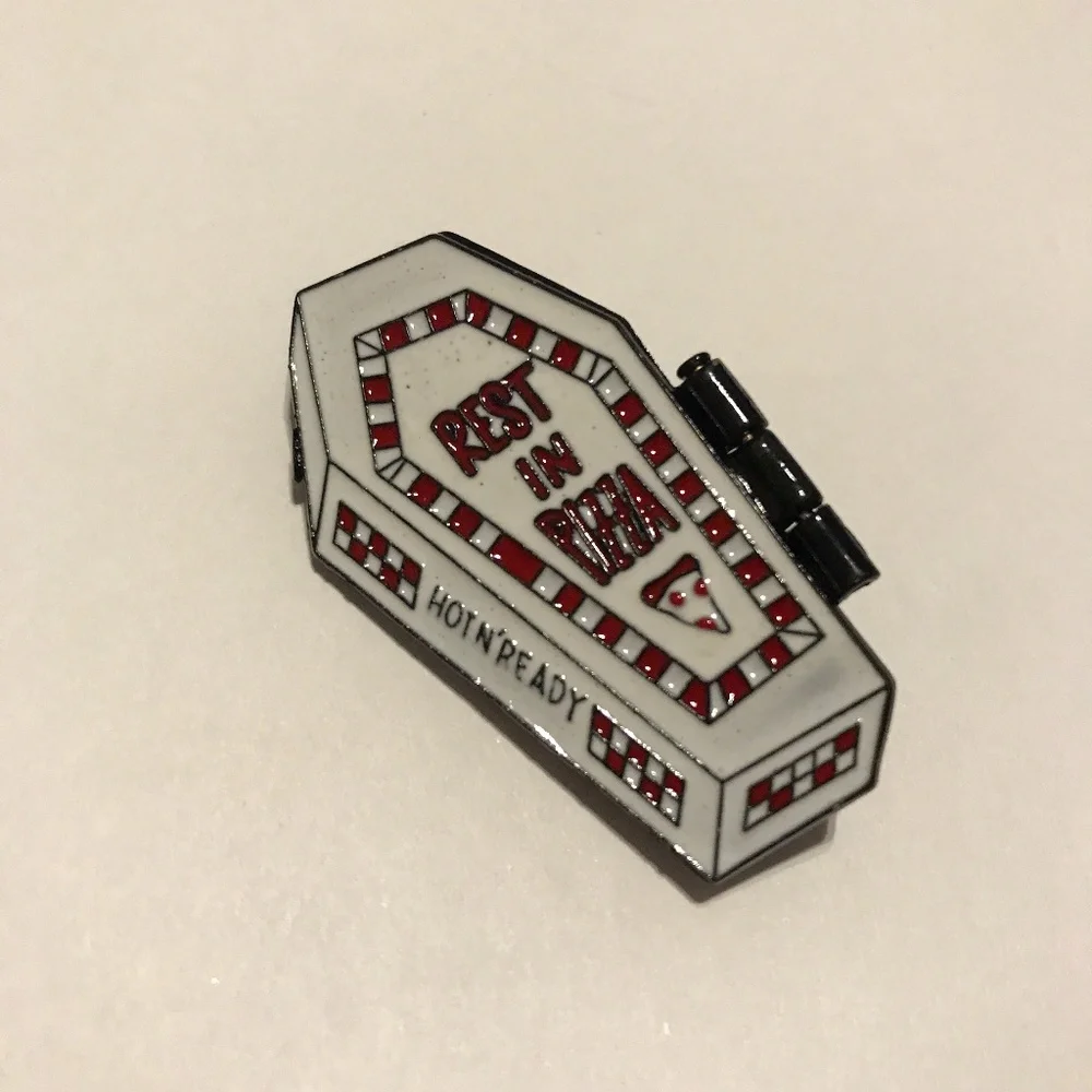 Pizza Coffin Skeleton Pin NEW Rest in Pizza Brooch Halloween Opening Hot n Ready